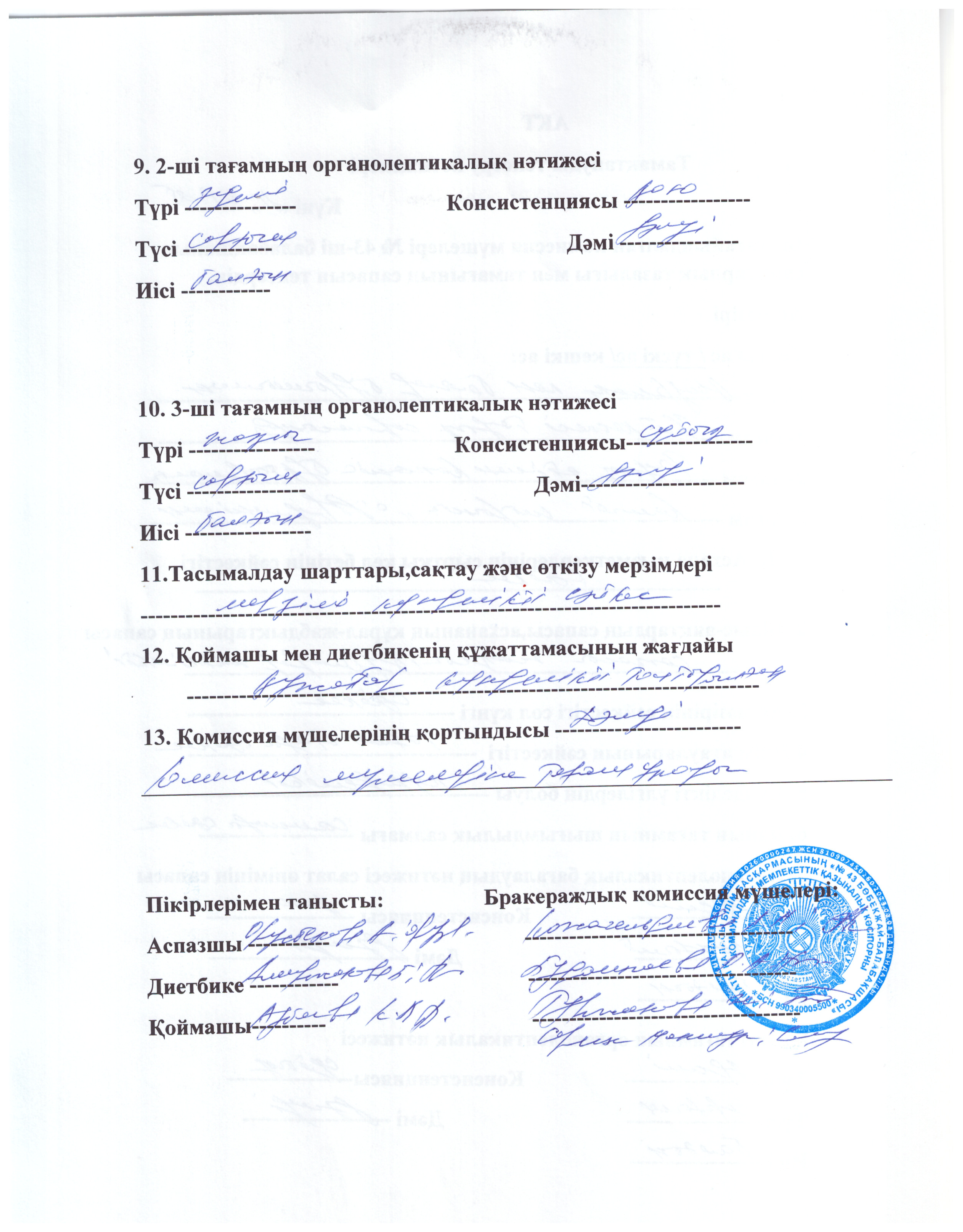 Акт тамақтануды тексеру нәтижелері