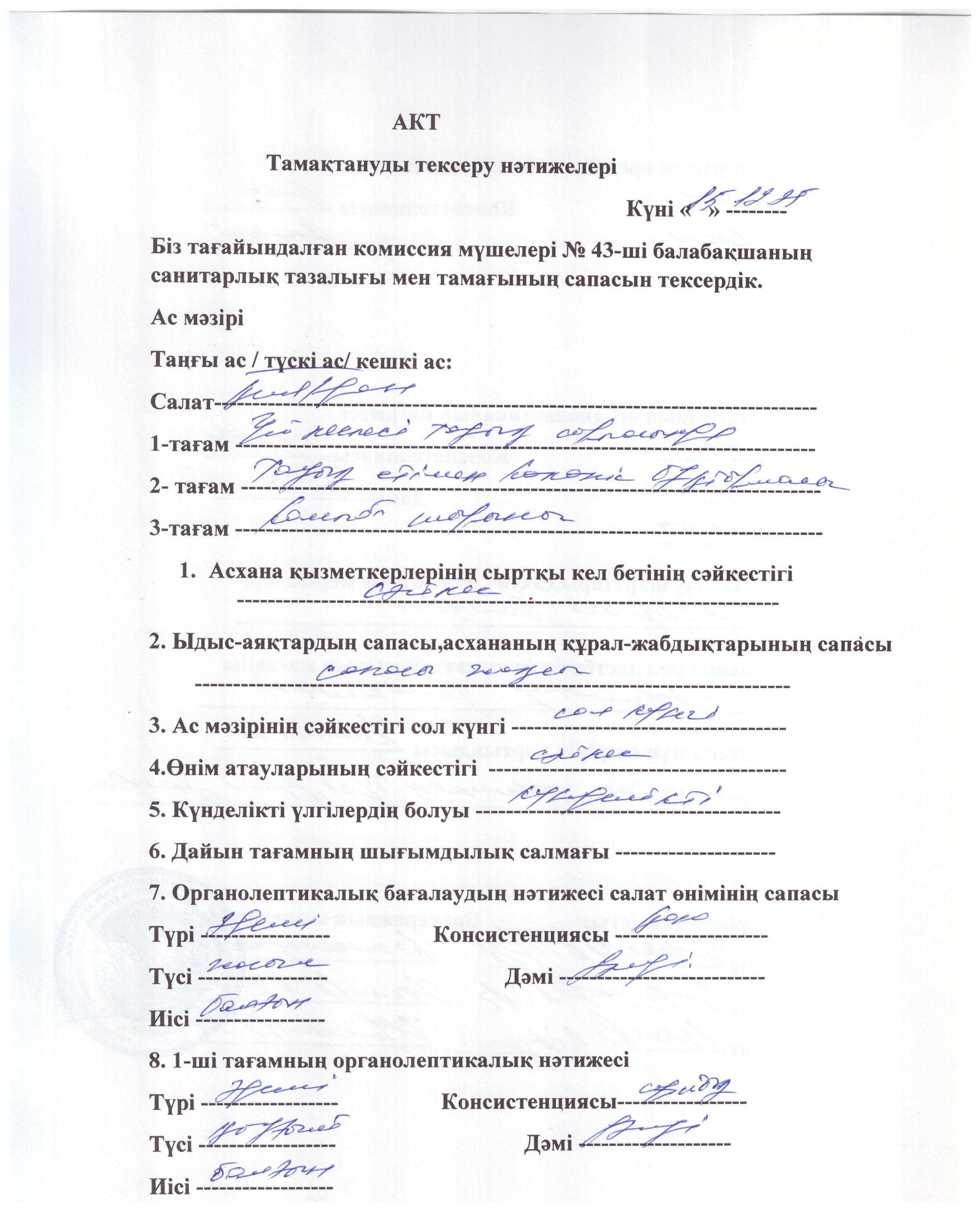 Акт тамақтануды тексеру нәтижелері