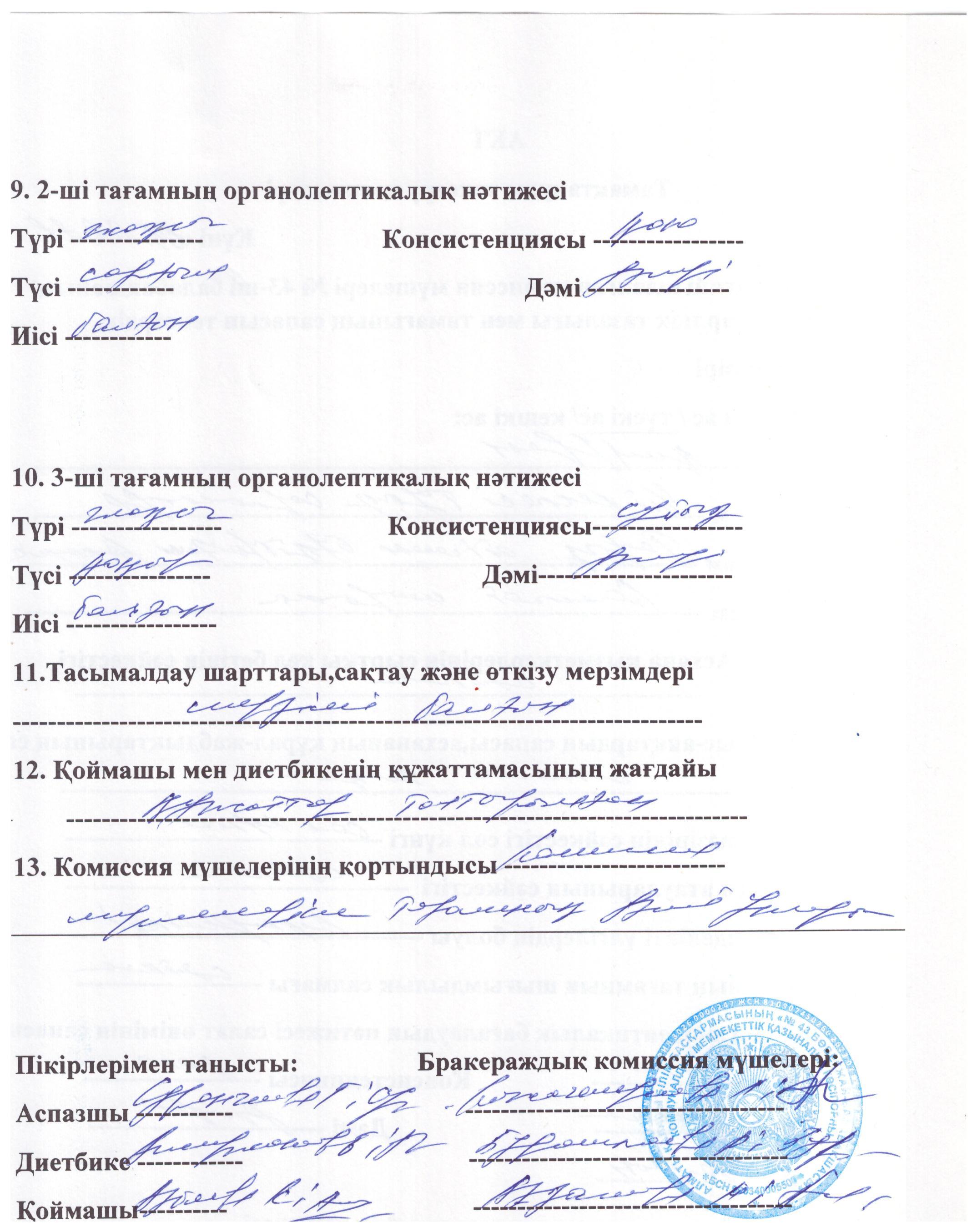 Акт тамақтануды тексеру нәтижелері