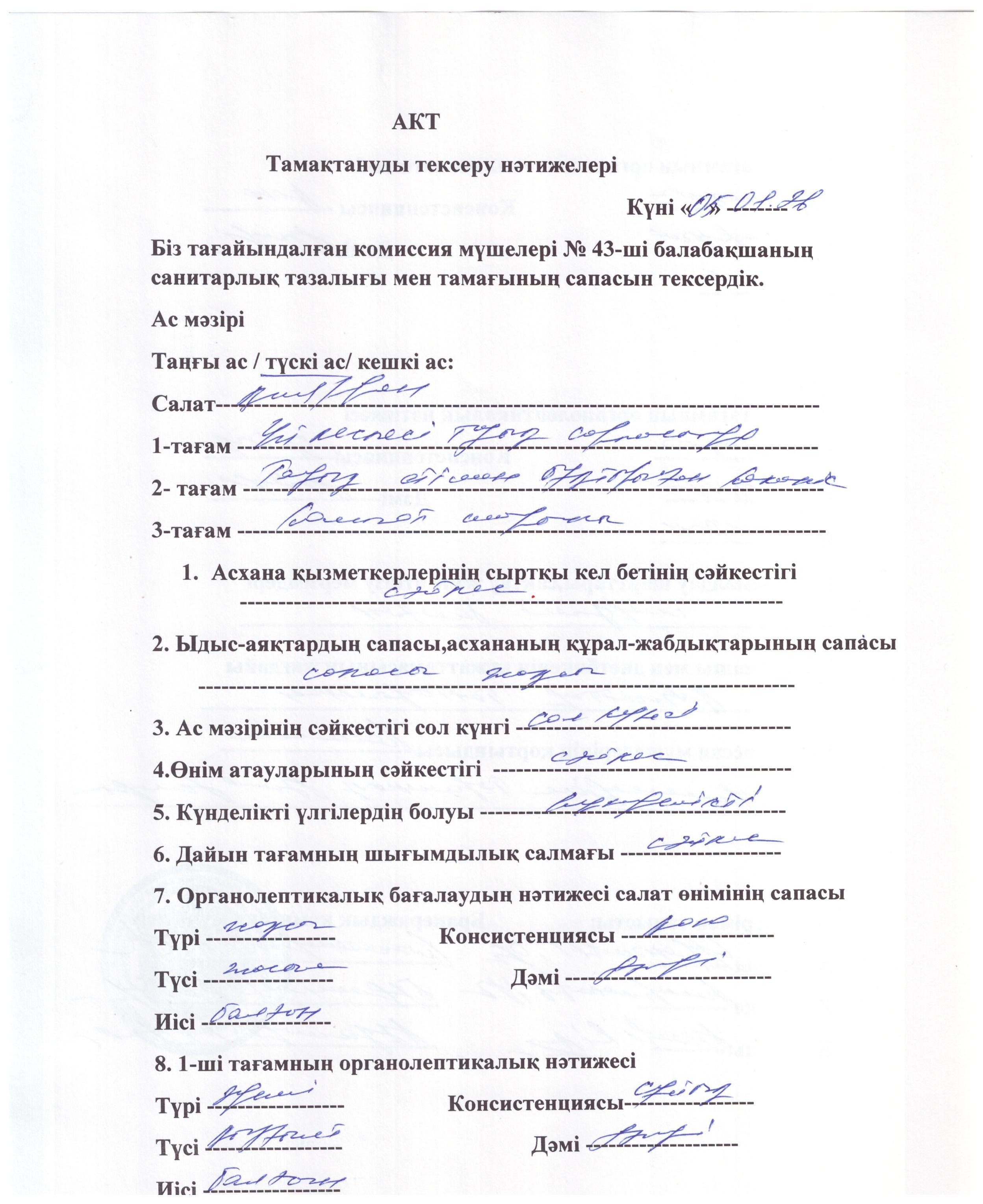 Акт тамақтануды тексеру нәтижелері
