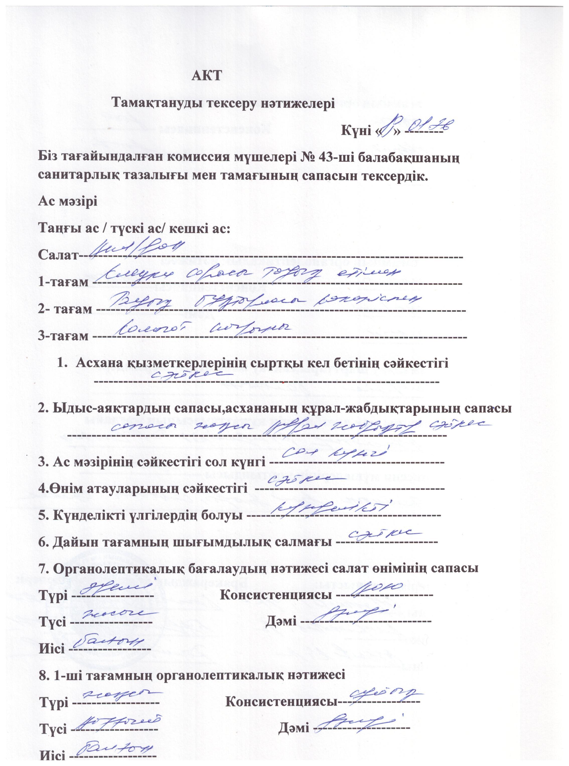Акт тамақтануды тексеру нәтижелері