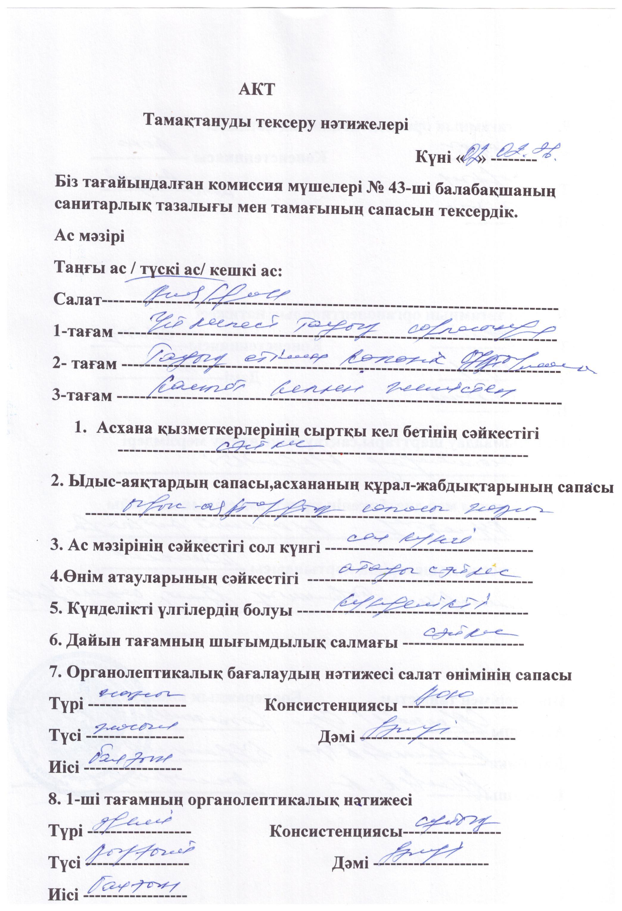 Акт тамақтануды тексеру нәтижелері