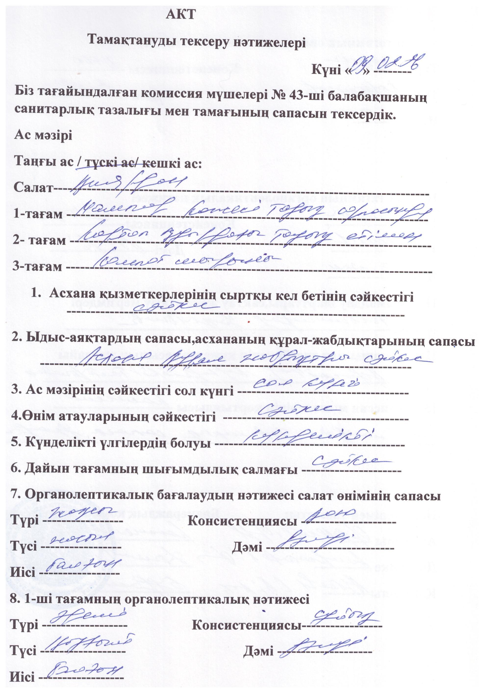 Акт тамақтануды тексеру нәтижелері