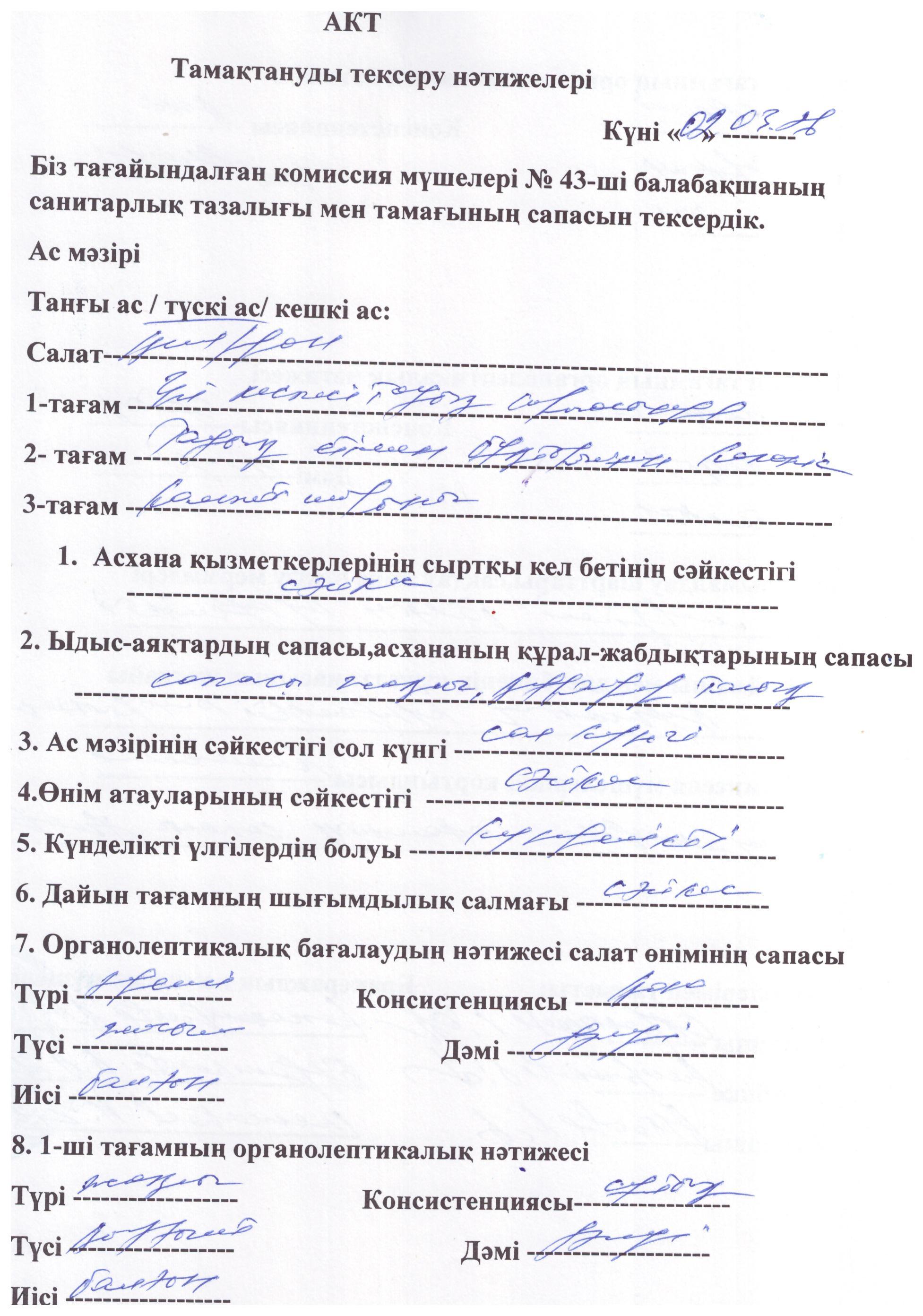 Акт тамақтануды тексеру нәтижелері