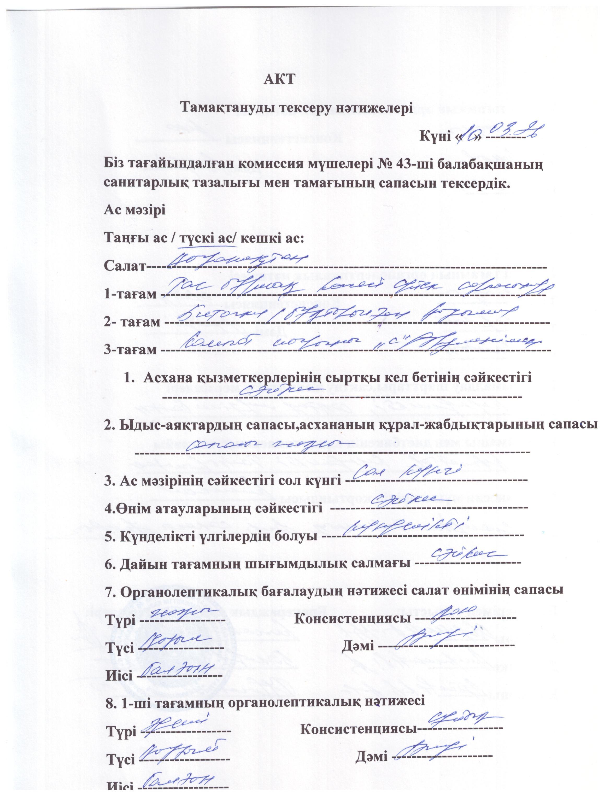 Акт тамақтануды тексеру нәтижелері